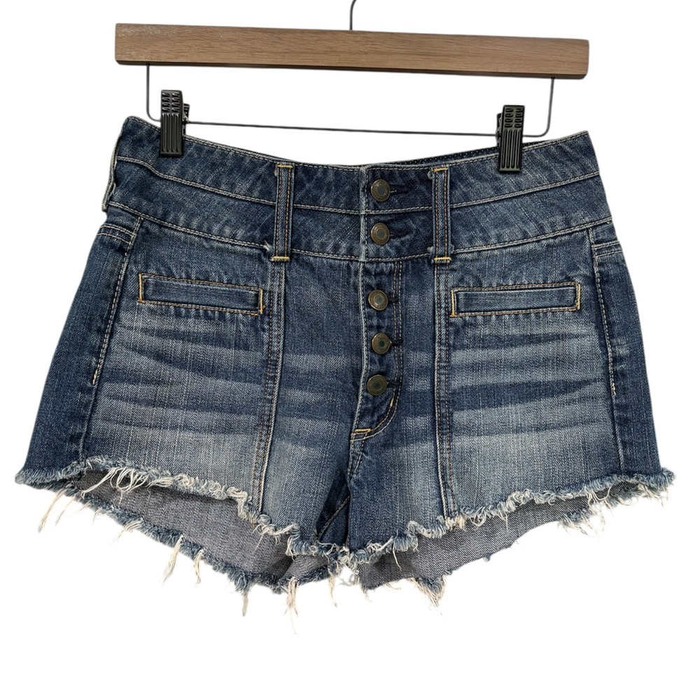 American Eagle High Rise Festival Denim Shorts Blue Frayed Hem Size 4